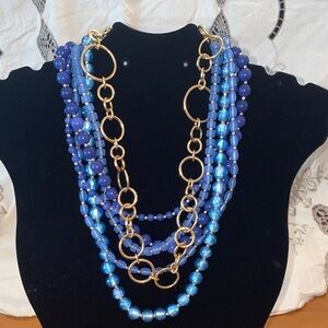 Chicos Chunky Statement Blue Beaded Multi-Strand Necklace Gold Accents